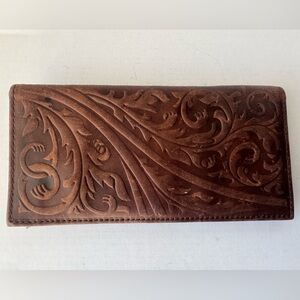 Vintage Genuine Leather Wallet Checkbook Style Embossed Floral Design Card Slots